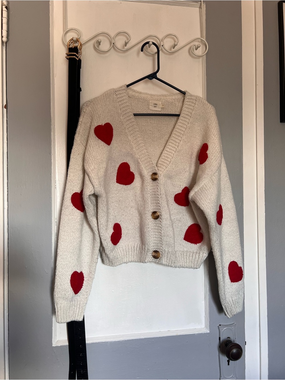 Heart-Print V-Neck Cardigan Sweater - Cream with Red Hearts